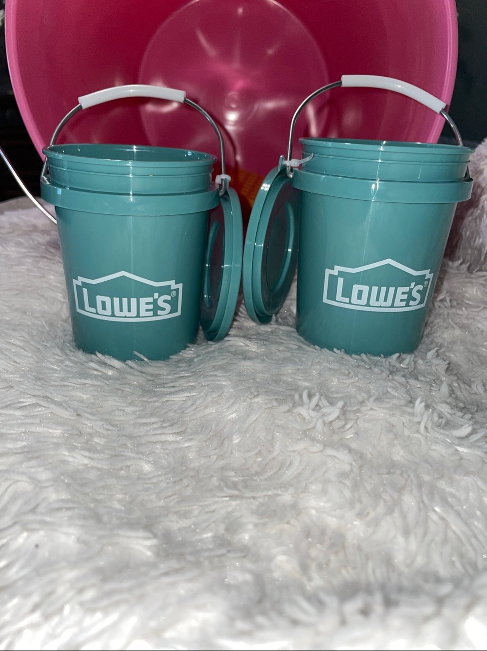 2 Lowe’s Teal Mini Buckets with lids NWT